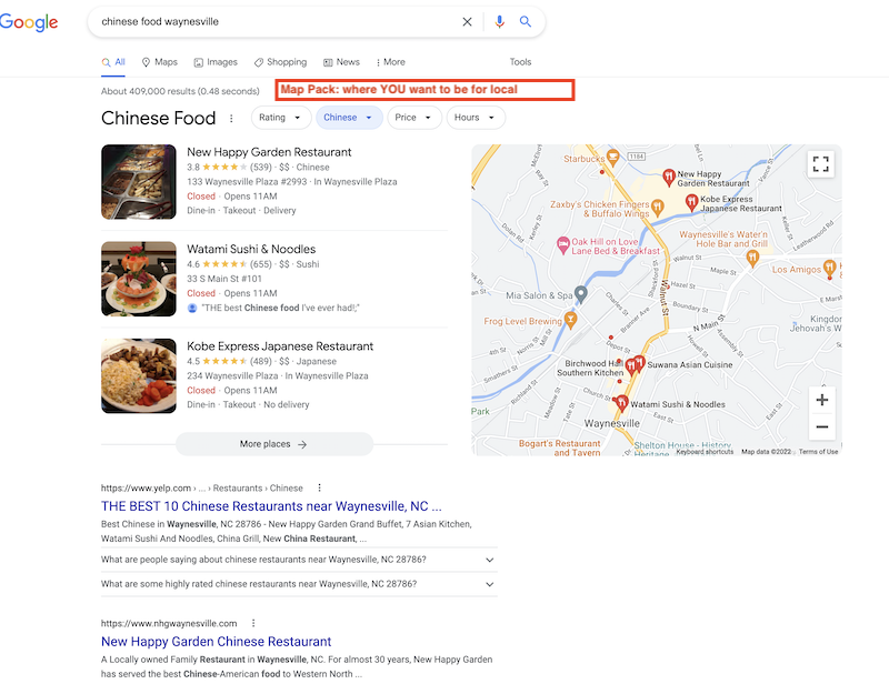 example of local restaurant search in Waynesville